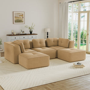 English Elm Modern Corduroy U-shaped Sectional with Tufted Cushions Deep Seat and Movable Ottomans Camel W714S01785