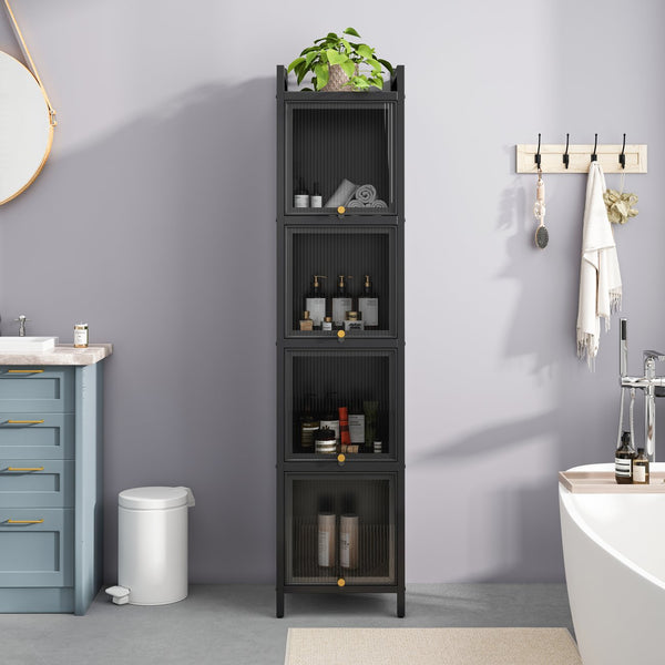 English Elm Modern Four-tier Glass Door Cabinet with Slim Iron Frame, Five Shelves, Heavy-Duty 33lb Capacity Black W757P241562