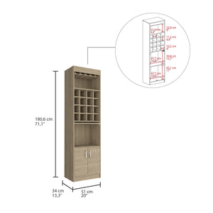 English Elm Being Kava Bar Cabinet 71" High Light Pine with 12 Glass Rack, Retractable Tray & 16 Bottle Cubbies B070S00097