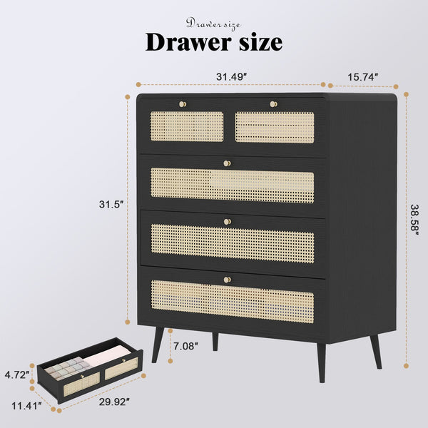 English Elm 4 Drawer Dresser Black - Modern Rattan-Front Chest with Wide Metal-Handle Drawers, Durable MDF Storage W2227P144261