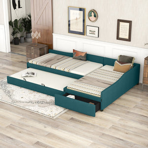 English Elm Upholstered Twin Daybed with Pull Out Trundle Linen Blend Sofa Style Studio Bed Green GX001316AAF