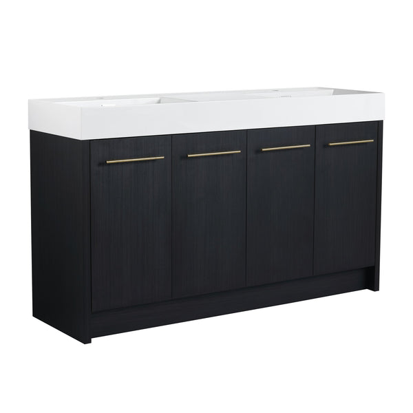 English Elm 60 Inch Freestanding Bathroom Vanity With Resin Double Sink & Soft-Close Doors For Modern Spaces W999S00181