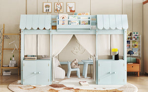 English Elm Full Loft Bed With Playful Cottage Design, Built-In Bookshelf, Curtain & Safety Guardrails For Kids W1580S00360