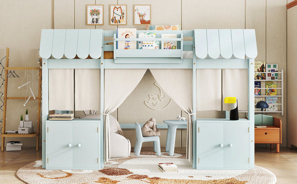 English Elm Full Loft Bed With Playful Cottage Design, Built-In Bookshelf, Curtain & Safety Guardrails For Kids W1580S00360