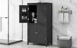 English Elm Elegant Bathroom Floor Storage Cabinet with 4 Doors, Adjustable Shelves, Anti-Tip Design, 28"L x 15"W Black N725P188461B