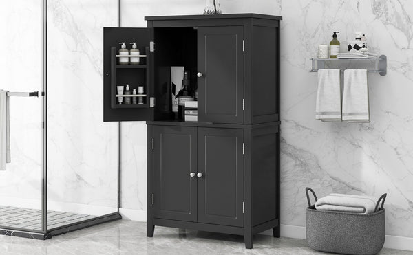 English Elm Elegant Bathroom Floor Storage Cabinet with 4 Doors, Adjustable Shelves, Anti-Tip Design, 28"L x 15"W Black N725P188461B