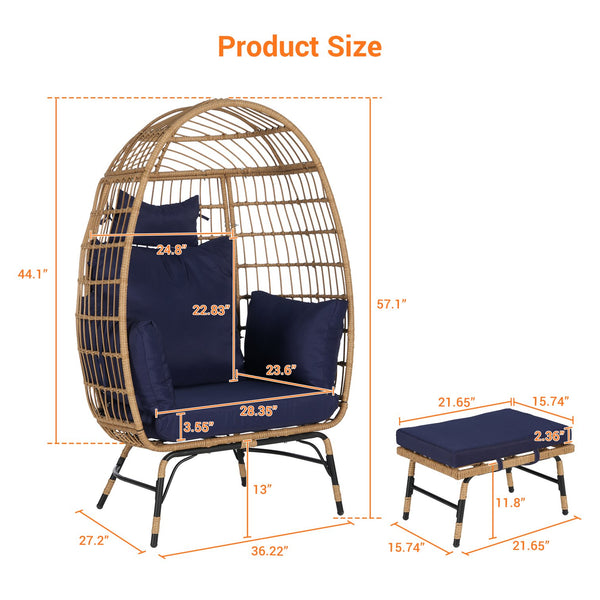 English Elm Wicker Oversized Egg Chair with Ottoman and 3.2" Thick Cushions, Handwoven PE Rattan, Weatherproof Comfort Dark Blue W874P264672