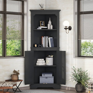English Elm Tall Corner Cabinet with Doors - Slim Black Storage Tower for Living Room, Bathroom, Kitchen, Office W1580P332942
