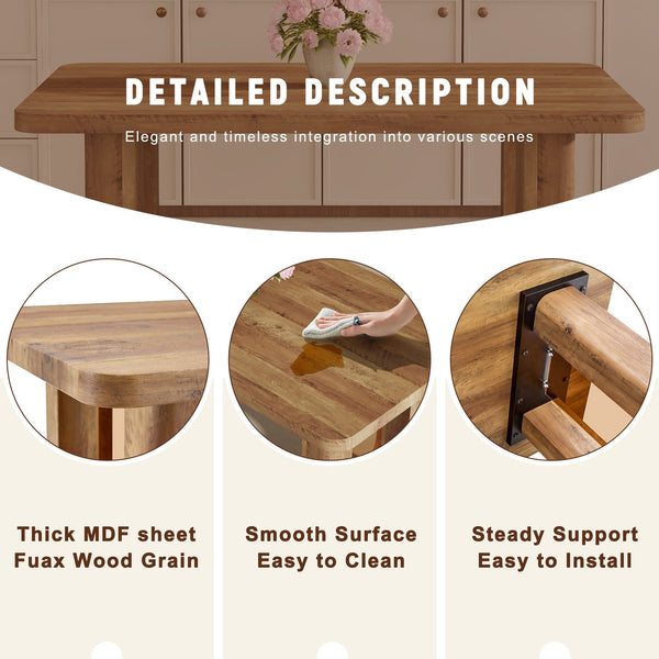 English Elm Table and Chair Set Seats Six with Wood Grain Top and Upholstered Brown W1151S03575