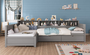 English Elm Twin Corner Daybed with Storage Drawers Bookshelf Wood L-shape Frame for Small Rooms Grey N733S369272E