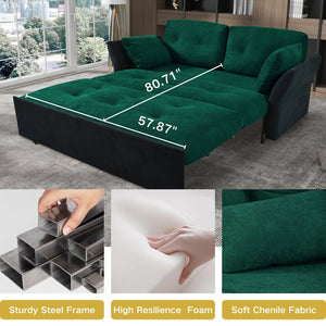 English Elm Convertible Pull Out Sofa Bed Queen Size with Steel Frame, Dual Armrests, Chenille Sleeper Couch with Storage and Casters Black+Green W3163P269679