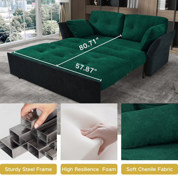 English Elm Convertible Pull Out Sofa Bed Queen Size with Steel Frame, Dual Armrests, Chenille Sleeper Couch with Storage and Casters Black+Green W3163P269679
