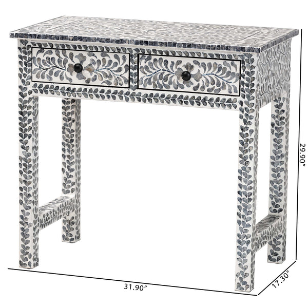 English Elm Coastal Capiz Shell Mosaic Console Table Iridescent Floral Inlay with Two Drawers B2750P467801