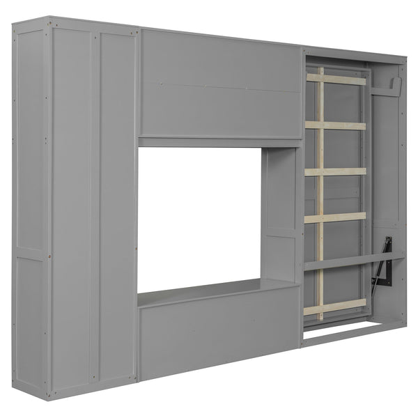 English Elm Twin Murphy Wall Bed with Integrated Tv Stand Open Shelving and Cabinet Storage LP000768AAE