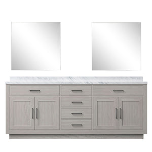 English Elm White Oak Double Bath Vanity Set With Carrara Marble Top & 34 In. Frameless Mirrors For Luxury Baths B2731S01555-GIGA