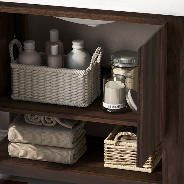 English Elm Christopher Knight Home® - 36" Modern Wall-Mounted Bathroom Vanity with Ceramic Sink, Soft-Close Doors, Fluted Accent & Open Shelves Antique brown N817P245321B