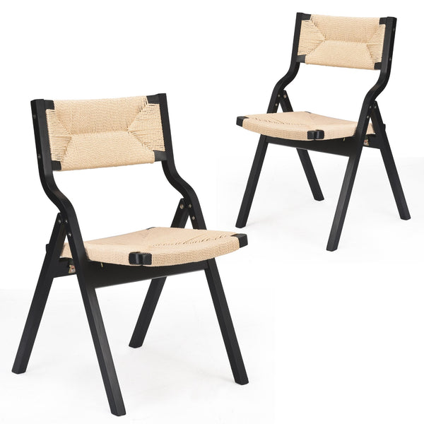 English Elm Wood Foldable Dining Chair Set of 2 with Woven Rattan Seat, Teak Finish, Comfortable Padded Design Black,Natural T3623P380477