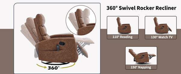 English Elm Heat Massage Rocker Recliner with 360 Swivel Fabric Upholstery for Living Room Comfort W3224P505191