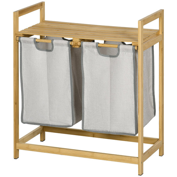 English Elm HOMCOM Bamboo Double Laundry Hamper with 2 Removable 10.7Gal Bags, Top Shelf & Pull-Out Baskets W2225P217083