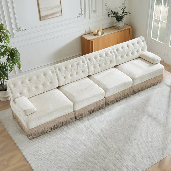 English Elm 135" Modular Chesterfield Sectional Velvet Tufted Sofa with Tassel Skirt for Lounge Rooms Beige W714S01688