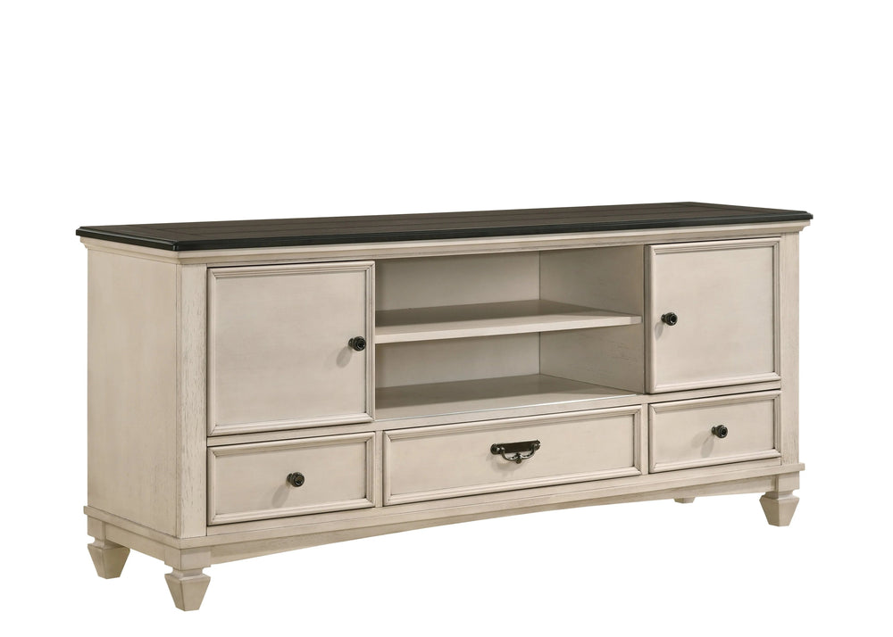 English Elm 1pc Two-Tone Antique Finish TV Stand 67.8" — 2 Sliding Doors, 3 Drawers, Vintage Metal Hardware, Elegant Storage B2741P295125