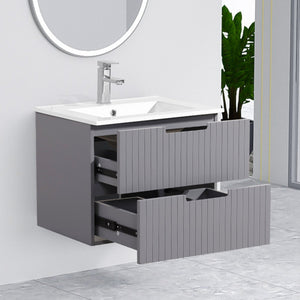 English Elm 24 Inch Floating Bathroom Vanity – Stylish Wall-Mounted Cabinet With Ceramic Sink & Soft-Close Drawers W1550S00032
