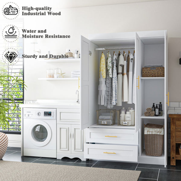 English Elm Shaker Three Door Wardrobe Armoire with Hanging Rod and Shelves for Bedroom White T3210S00005