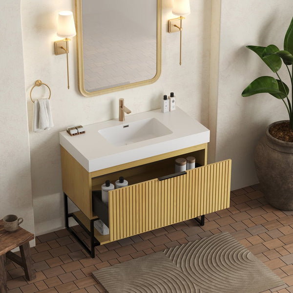 English Elm YOLAN 36" Bathroom Vanity with Integrated Solid Surface Basin, Pre-Assembled Plywood Cabinet, Soft-Close Drawer and Open Towel Shelf Golden Oak,White W2615S00253