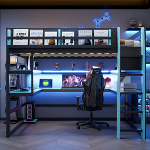 English Elm Full Size Gaming Loft Bed with Rgb Lights Wraparound Shelves and Built-in Usb Ports Blue LT000299AAC