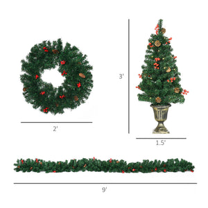 English Elm HOMCOM Prelit 4-Piece Holiday Set with 2 Entry Trees, Garland & Wreath, Warm White LEDs, Red Berries W2225P229437