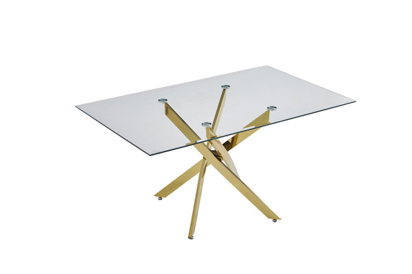 English Elm Modern Tempered Glass Dining Table with Gold Iron Frame for Home or Office Golden W3590S00004