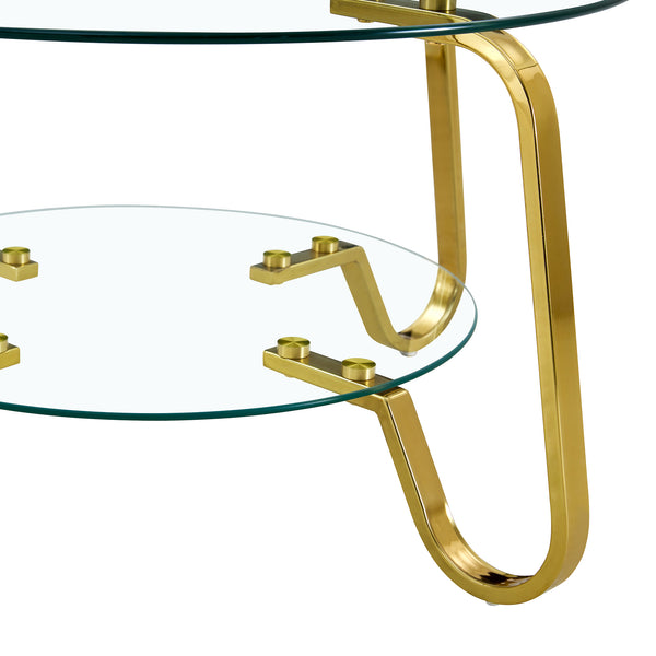 English Elm Retro Industrial Square Coffee Table Dual Tier Tempered Glass and Powder Coated Metal Frame Gold W3875P373155
