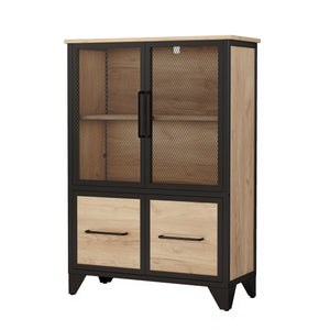 English Elm Storage Cabinet Matte Iron Four Door Sideboard with Adjustable Shelf for Modern Interiors Black+Natural W3151P407883