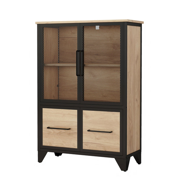 English Elm Storage Cabinet Matte Iron Four Door Sideboard with Adjustable Shelf for Modern Interiors Black+Natural W3151P407883