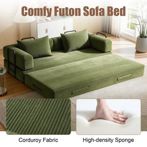 English Elm 78 Inch Corduroy Convertible Sofa Sleeper Futon with Foldable Armrests for Studio Rooms Green W5385P455028