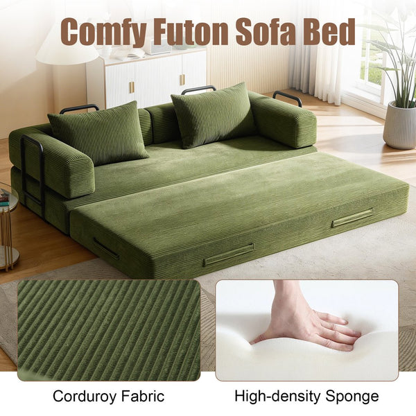 English Elm 78 Inch Corduroy Convertible Sofa Sleeper Futon with Foldable Armrests for Studio Rooms Green W5385P455028