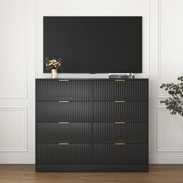 English Elm Modern Six Drawer Chest with Wavy Textured Fronts Sleek Matte Storage for Any Room Black W409P307537
