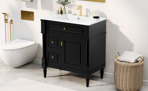 English Elm 30" Freestanding Bathroom Vanity Rubberwood Frame Ceramic Sink Flip Drawer Storage Black N725P356062B
