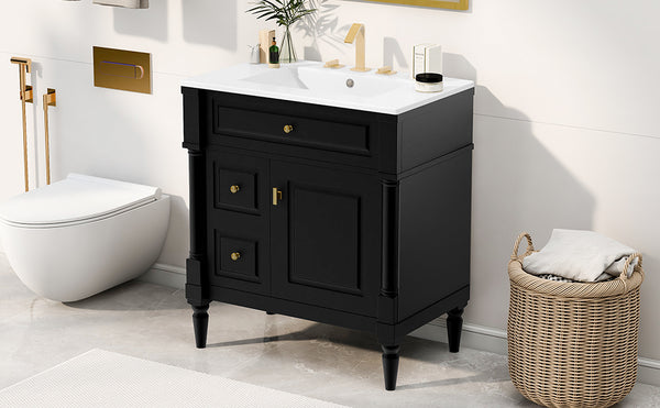 English Elm 30" Freestanding Bathroom Vanity Rubberwood Frame Ceramic Sink Flip Drawer Storage Black N725P356062B