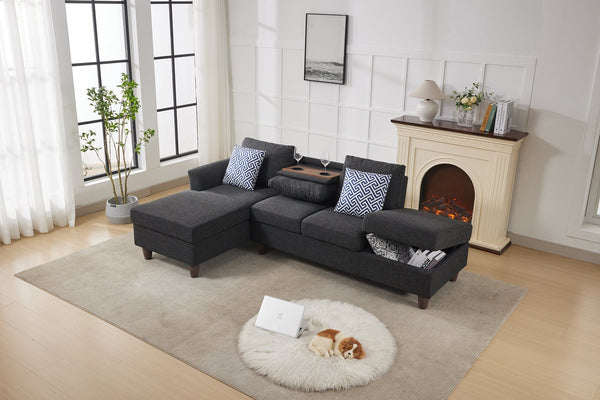 English Elm Hidden Compartment Modular Sectional with Pull Out Drawer and Coordinated Accent Pillows Black+ Gray B2730S00062