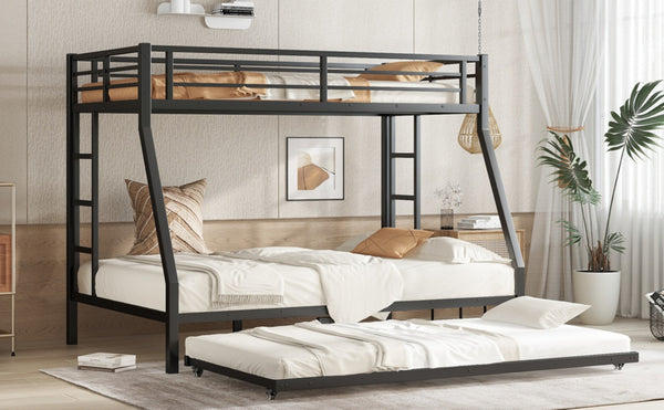 English Elm Twin Metal Bunk Bed With Full Bed & Trundle - Modern Space-Saving Design For Shared Rooms, Black W1580S00130-GIGA