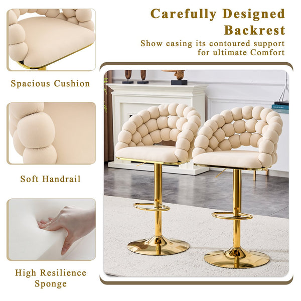 English Elm Set of 2 Velvet Barstools Sculptural Bubble Back Gold Legs Adjustable Kitchen Seating W3875P370839