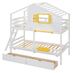 English Elm Twin Playhouse Bunk Bed Pinewood Frame with Pitched Roof Window Shelf and Storage Drawers White LT001608AAK-1