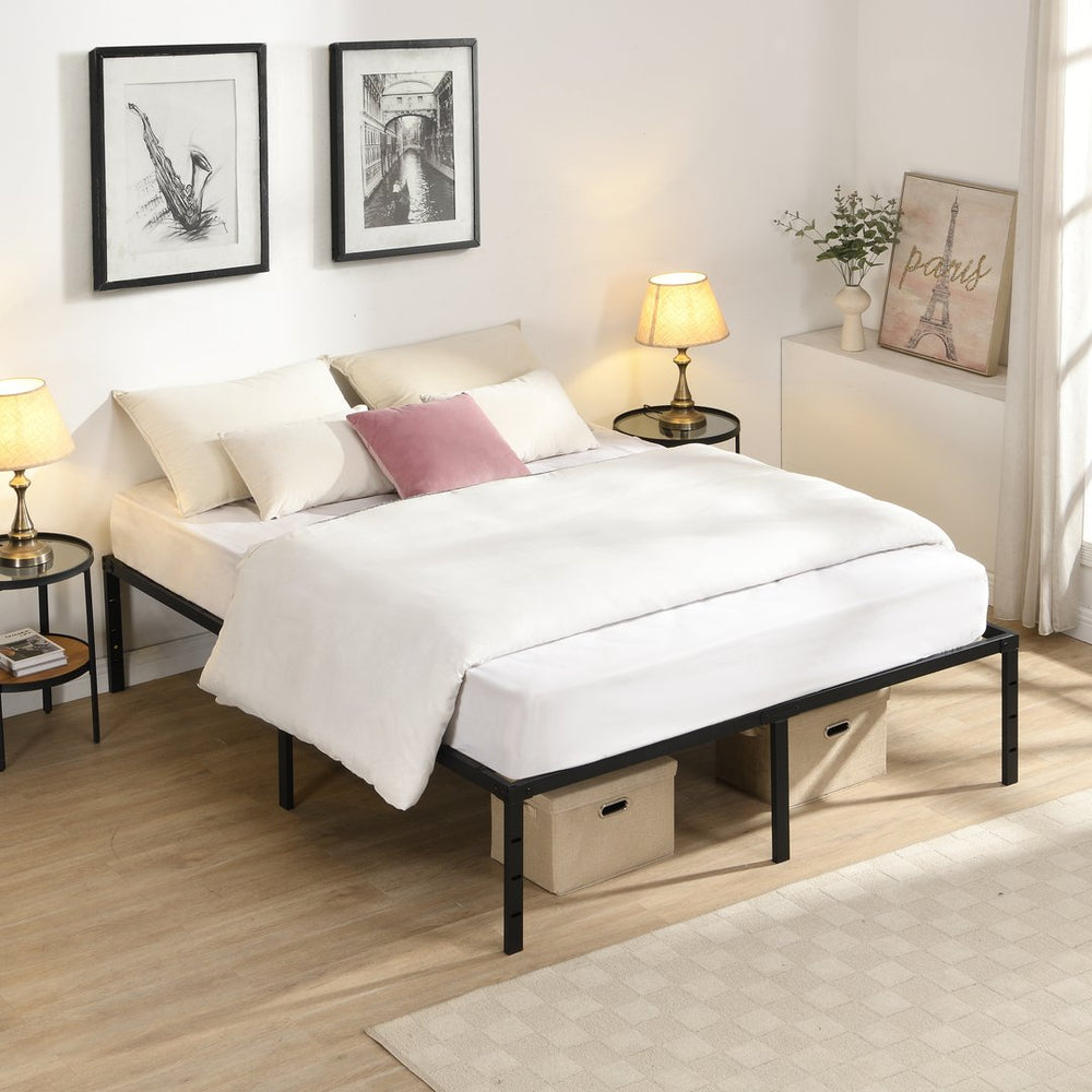 English Elm Queen Platform Bed Frame Heavy Duty Steel Slats Matte Black Modern Bedroom Base W311P359220