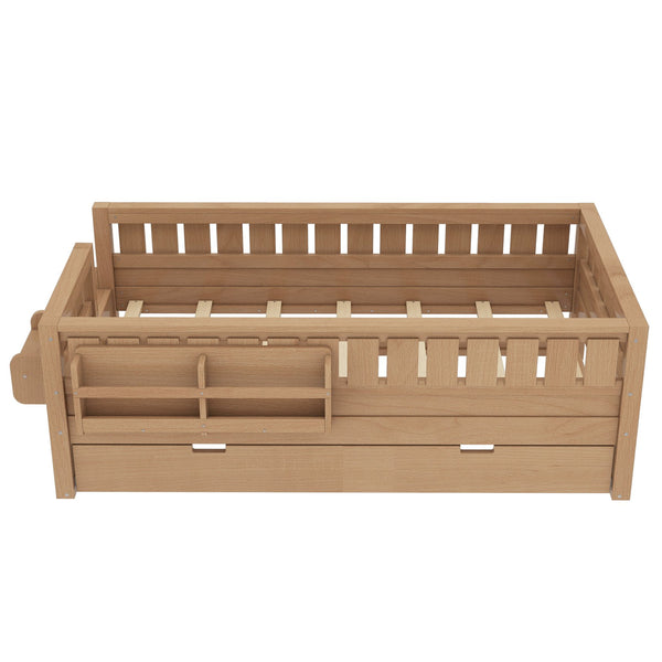 English Elm Twin Kids Platform Bed with Trundle Staircase Bookshelf and Rounded Safety Rails Natural W1580S00558
