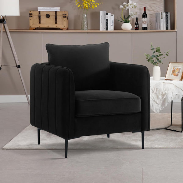 English Elm Accent Velvet Armchair Mid-century Modern Plush Seat with Metal Legs for Any Room Black W3244P325834