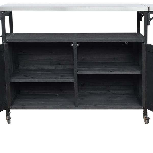 English Elm Foldable Outdoor Kitchen Cart with Stainless Worktop Fir Wood Frame and Lockable Wheels Black N719P380279B