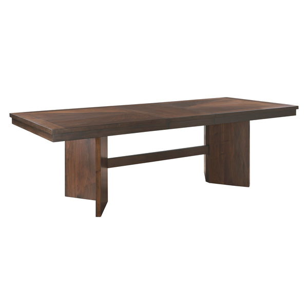 English Elm Walnut Veneer Six Piece Dining Set with Extension Leaf Trestle Table and Upholstered Chairs B011S01381