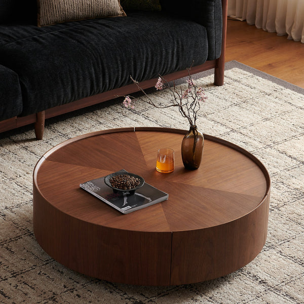 English Elm 39.3-inch Round Walnut Mosaic Inlay Coffee Table with Iron Base for Living Rooms W5098P417448