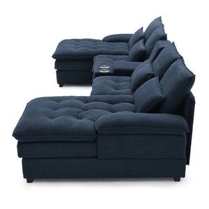 English Elm 130" U-Shaped Sofa With Console & Cupholders, 6-Seat Sleeper Couch Set In Blue For Modern Living Spaces W1117S00242